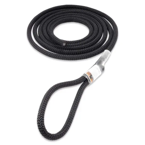 Coiled black nylon braided rope with a pre-formed loop at one end, commonly used for towing, securing, or marine applications: Ape Canyon Outfitters 9.5mm Raven Tree Tether/Linemans Belt.