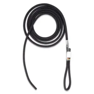 A coiled black climbing rope with a looped end and a secure metal attachment. There is a white label near the attachment indicating specifications. The Ape Canyon Outfitters 9.5mm Raven Tree Tether/Linemans Belt is neatly arranged against a plain white background.