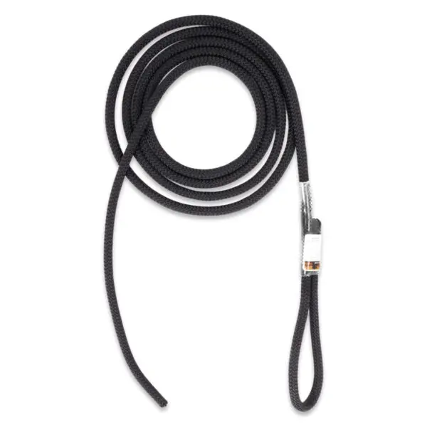 A coiled black climbing rope with a looped end and a secure metal attachment. There is a white label near the attachment indicating specifications. The Ape Canyon Outfitters 9.5mm Raven Tree Tether/Linemans Belt is neatly arranged against a plain white background.