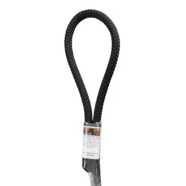 A close-up of a black braided rope with a loop at one end. The loop is secured with a transparent band wrapped around the rope. There is a small, partially obscured label attached to the band. This product is the Ape Canyon Outfitters 9.5mm Raven Tree Tether/Linemans Belt.