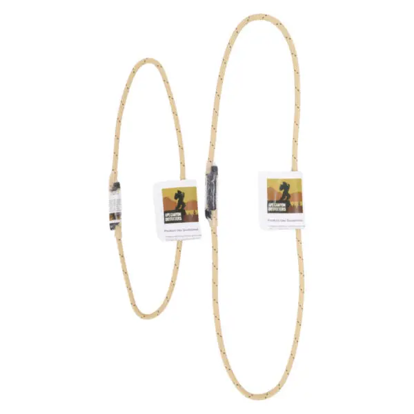 Two tan-colored loops of rope with black detailing and attached labels at the joints. The labels feature a logo of a climber and text, indicated they are possibly climbing or safety gear. The loops are of different sizes, one larger and one smaller. These are the Ape Canyon Outfitters Sewn TRC Prusik Loop.