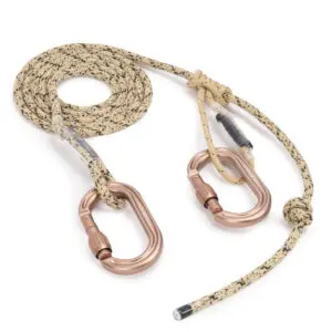 A beige and black speckled **Ape Canyon Outfitters 8mm Resc Tech Lineman Belt with Screw Lock Carabiners** coiled with two attached pear-shaped carabiners. The carabiners have a reddish-brown finish and are equipped with screw-lock mechanisms. One end of the rope has a loop, while the other end is secured with a knot.