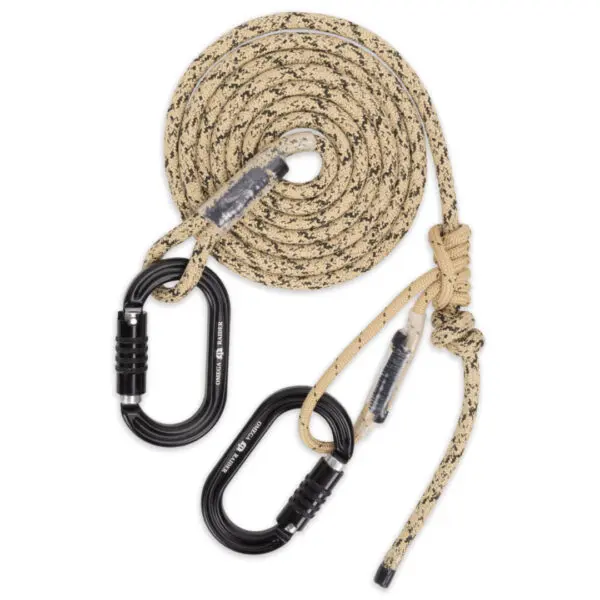 An image of a coiled beige and black speckled Ape Canyon Outfitters 8mm Resc Tech Lineman Belt with 3 Stage Quick Lock Carabiners attached at both ends. The belt is looped at one end with a knot securing it. The carabiners have locking mechanisms for added safety.
