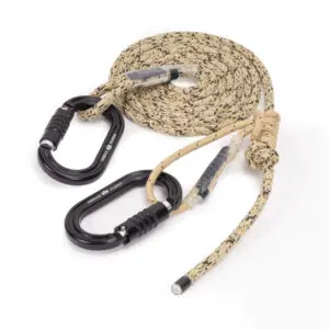 Coiled beige and black speckled rope with two attached black carabiners. Adjustable knots are visible near both ends of the rope, with protective tape wrapped around some areas. The carabiners have locking mechanisms for added security.

Ape Canyon Outfitters 8mm Resc Tech Lineman Belt with 3 Stage Quick Lock Carabiners.