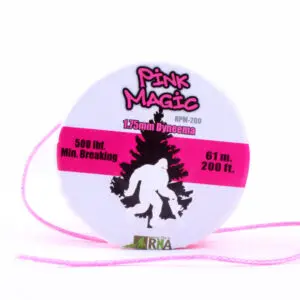 A spool of RNA 1.75mm Pink Magic 200' brand cord lies on a white background. The spool's label features a silhouette of Bigfoot against a backdrop of trees. The label also indicates the cord's specifications: 175mm Dyneema, 61 meters (200 feet) length, and 500 lb. minimum breaking strength.
