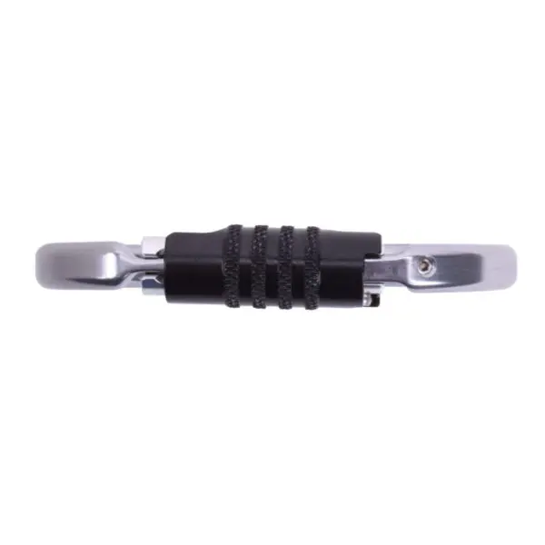 A close-up image of an Omega Pacific Raider Aluminum Keylock 3-Stage Quik-Lok W/Captive Eye NFPA. The hook features a black grip in the middle with ridged texture for secure handling. It appears sturdy and suitable for various fastening applications. The background is plain white.