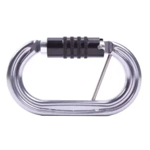 A silver Omega Pacific Raider Aluminum Keylock 3-Stage Quik-Lok W/Captive Eye NFPA with a black screw lock mechanism is shown. The carabiner has a smooth, oval shape and a straight gate with a spring-loaded pin.