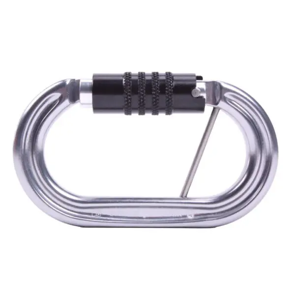 A silver Omega Pacific Raider Aluminum Keylock 3-Stage Quik-Lok W/Captive Eye NFPA with a black screw lock mechanism is shown. The carabiner has a smooth, oval shape and a straight gate with a spring-loaded pin.