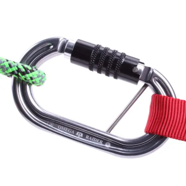 Close-up image of a silver Omega Pacific Raider Aluminum Keylock 3-Stage Quik-Lok W/Captive Eye NFPA with a green and black climbing rope secured on one side and a red strap on the other. The carabiner features a black twist-lock mechanism for enhanced safety.