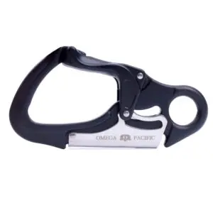 A sturdy, black Omega Pacific Squatch Claw Aluminum Double Action Quik-Lok with a dual-action gate mechanism and a silver metal plate inscribed with the brand name. The carabiner features a robust design suitable for climbing and other safety applications.