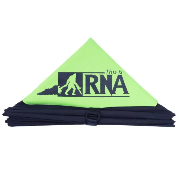 A neon green and dark blue RNA COLLAPSIBLE THROWLINE CUBE with a graphic and text that reads "this is rna" featuring the silhouette of a person with a backpack hiking against a background of pine trees.