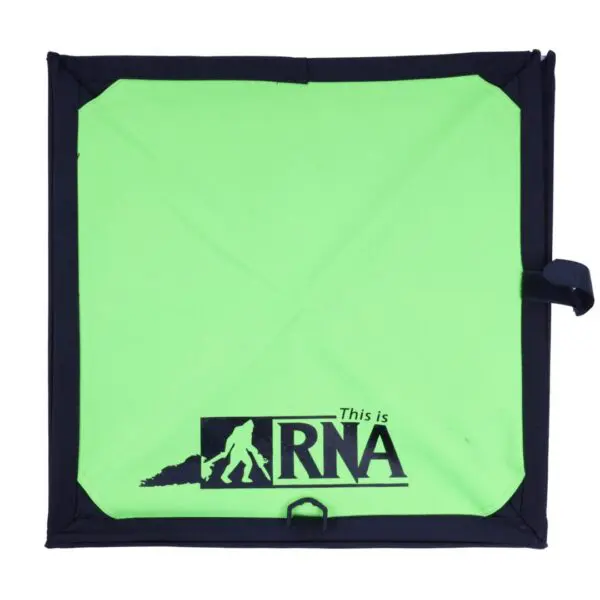 A bright green RNA COLLAPSIBLE THROWLINE CUBE with the text "this is rna" printed on the front, featuring a silhouette of a person with a backpack, aiming to promote responsible waste disposal during outdoor activities.