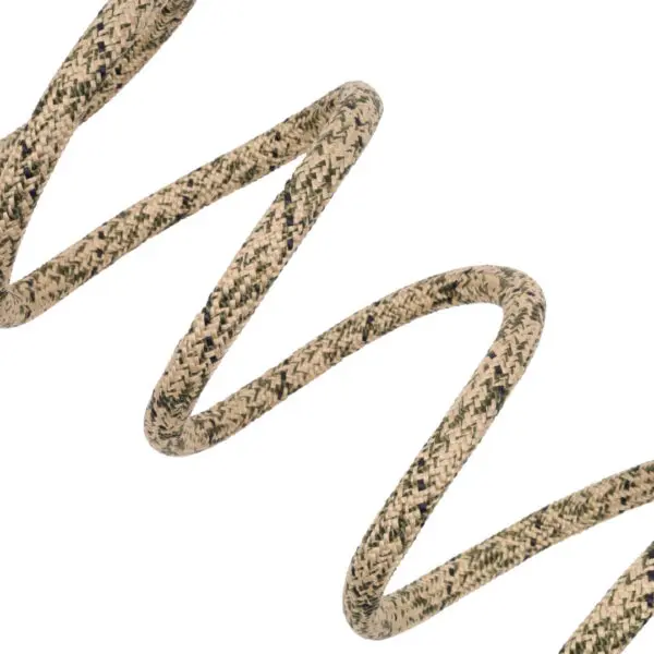 A close-up of a twisted coil of Ape Canyon Outfitters 8mm Resc Tech Tree Tether. The tether forms a smooth zigzag pattern against a plain white background.
