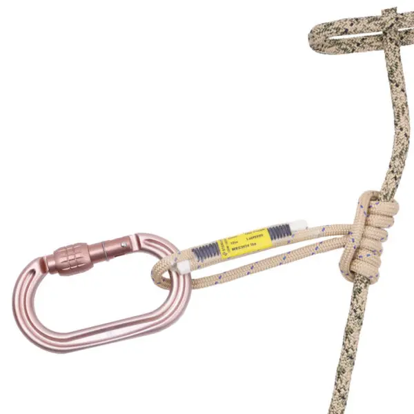 A safety Ape Canyon Outfitters 8mm Resc Tech Tether System with Screw Lock Carabiner attached to a rope loop. The carabiner is metallic and connected to an anchor using a rope tied in a secure knot. The setup is likely for climbing or securing equipment. A label with specifications is visible on the rope.