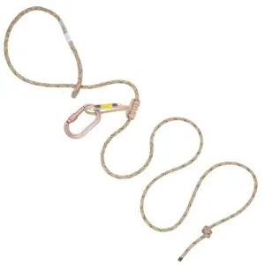 A coiled Ape Canyon Outfitters 8mm Resc Tech Tether System with Screw Lock Carabiner lies on a white background. The rope is beige with speckles of brown, and features multiple knots along its length, including a slipknot near the carabiner.