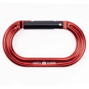 A red Omega Pacific Raider Aluminum Keylock Straight Gate - Red with a black locking mechanism. The carabiner has an oval shape and the brand name is printed in white on the bottom side.