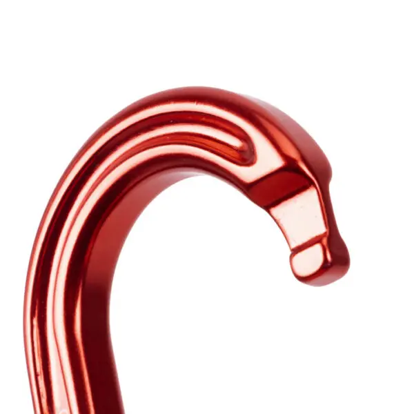 Close-up of an Omega Pacific Raider Aluminum Keylock Straight Gate - Red with smooth, curved lines and a glossy finish. The keylock has a rounded tip and a sleek, modern design.