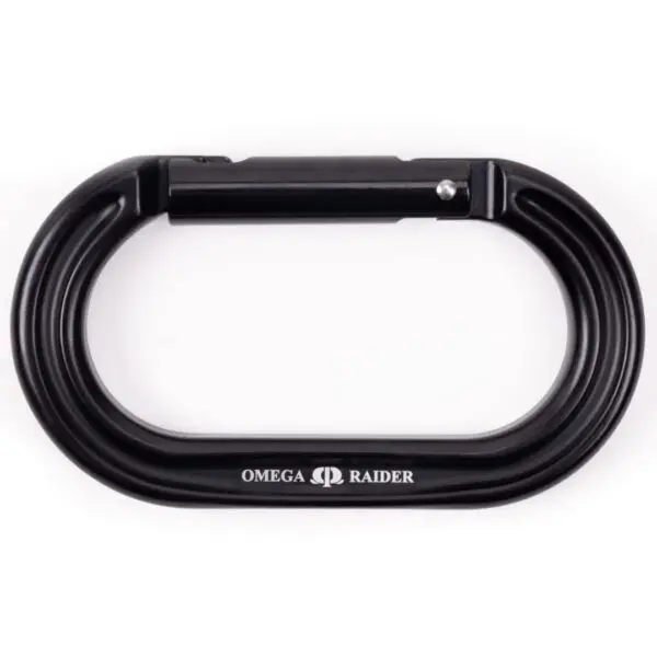 A black Omega Pacific Raider Aluminum Keylock Straight Gate - Black with an oval shape and a secure locking mechanism is pictured against a white background. "OMEGA RAIDER" is written in white on the bottom of the carabiner.