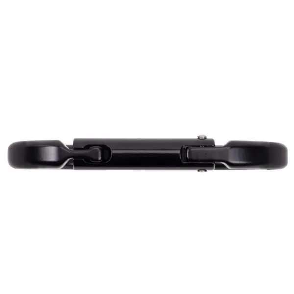 A close-up image of a black Omega Pacific Raider Aluminum Keylock Straight Gate - Black, viewed from the side. The device is sleek and modern, with a smooth, glossy surface and buttons or connectors visible on the side.