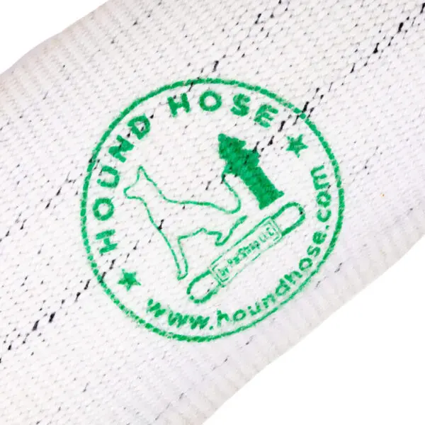 Close-up image of a white fabric band with a green logo for "Hound Hose Dog Tug Toy". The logo features a silhouette of a dog, a fire hydrant, and a bone-shaped chew toy with the text "rv.pacific" on it. The web address "www.houndhose.com" is also included.