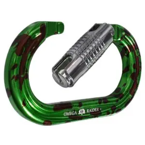 A green Omega Pacific Raider+ Aluminum Keylock 3-Stage Quik-Lok Radioactive with brown camouflage spots and a metallic silver locking mechanism. The text "OMEGA RAIDER +" is printed on the lower part of the Omega Pacific Raider+ Aluminum Keylock 3-Stage Quik-Lok Radioactive. The locking mechanism has a textured grip for secure handling.
