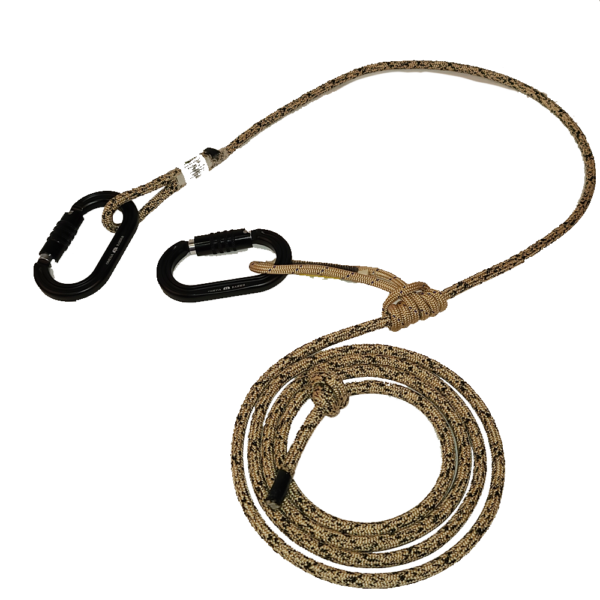 A tan Ape Canyon Outfitters 8mm Resc Tech Lineman Belt with 3 Stage Quick Lock Carabiners with black carabiners at both ends. The leash features a knotted design midway, and the end is coiled neatly.