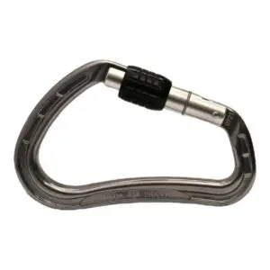 Image of a silver Omega Pacific Phantom Aluminum Keylock Screw-Lok - Gunmetal with a black locking mechanism. The carabiner has a curved shape and the Omega logo and name "Phantom" are engraved on the side.