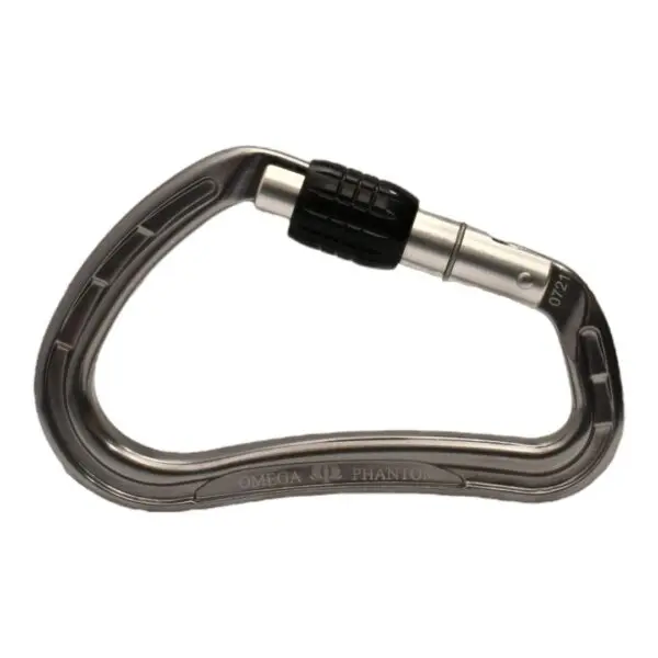 Image of a silver Omega Pacific Phantom Aluminum Keylock Screw-Lok - Gunmetal with a black locking mechanism. The carabiner has a curved shape and the Omega logo and name "Phantom" are engraved on the side.