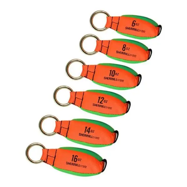 Five orange and green Notch Throw Weights of various sizes (6oz, 8oz, 10oz, 12oz, 14oz, and 16oz) labeled in black text. Each weight has a metal ring attached.