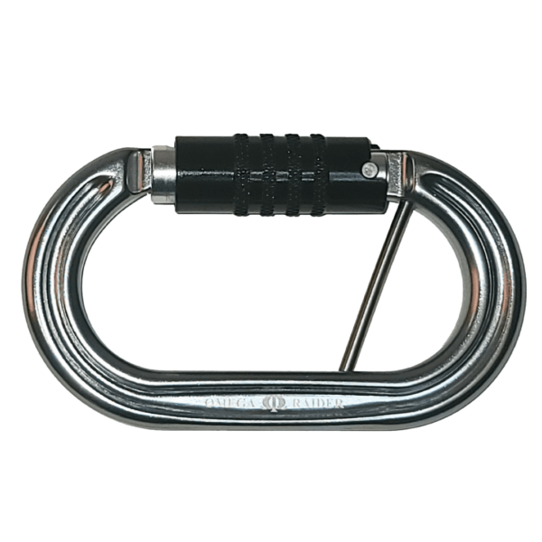 A silver oval carabiner with a black twist lock gate mechanism, designed for climbing and securing equipment. The carabiner is labeled with "Omega Pacific Raider Aluminum Keylock 3-Stage Quik-Lok W/Captive Eye NFPA" on its side.