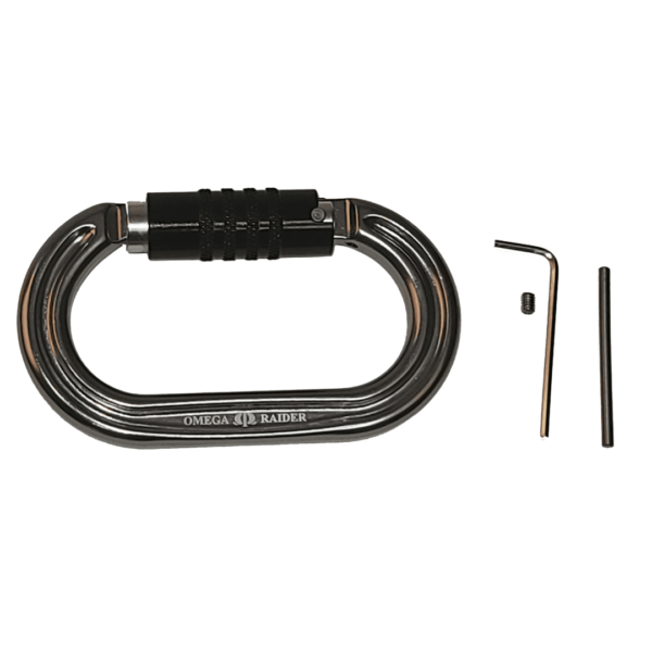 A silver Omega Pacific Raider Aluminum Keylock 3-Stage Quik-Lok W/Captive Eye NFPA with a black screw lock is placed next to a small hex key, a screw, and a pin. The tools are aligned vertically on the right side of the carabiner.