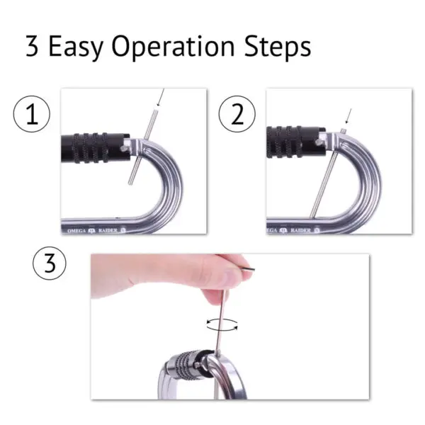 A visual guide explains three steps to operate the Omega Pacific Raider Aluminum Keylock 3-Stage Quik-Lok W/Captive Eye NFPA. Step 1: Insert a pin into the Omega Pacific Raider Aluminum Keylock 3-Stage Quik-Lok W/Captive Eye NFPA's keylock. Step 2: Push the pin through until fully inserted. Step 3: Rotate the pin to lock the Omega Pacific Raider Aluminum Keylock 3-Stage Quik-Lok W/Captive Eye NFPA securely. The steps are illustrated with images.