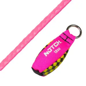 A vivid pink rope and a yellow-and-black checkered RNA 1.75mm Pink Magic 200' Combo with a pink cover featuring the brand name "Notch" and "12oz" in bold white letters. The throw weight has a metal ring attached at one end.
