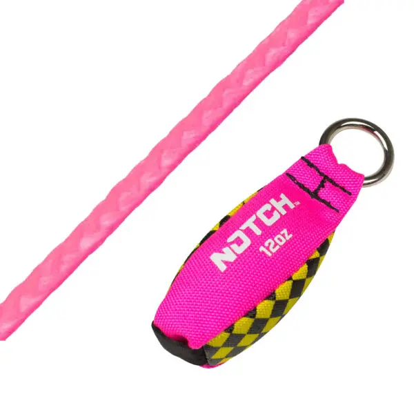 A vivid pink rope and a yellow-and-black checkered RNA 1.75mm Pink Magic 200' Combo with a pink cover featuring the brand name "Notch" and "12oz" in bold white letters. The throw weight has a metal ring attached at one end.