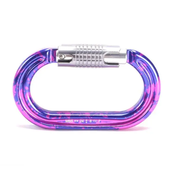 A metallic Omega Pacific Raider+ Aluminum Keylock 3-Stage Quik-Lok Ultra-Violet with a purple and pink marbled pattern and a silver locking mechanism is shown. It has the markings "MBS 24 8" on it. The carabiner is positioned against a plain white background.