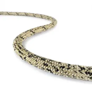 A section of a thick, braided TEUFELBERGER RESC TECH 8MM with a zigzag pattern is seen against a white background. The rope curves smoothly from the upper left to the lower right of the image. The texture and braided design are clearly visible.
