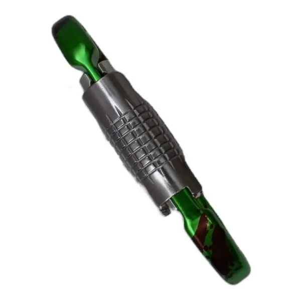 Close-up image of an Omega Pacific Raider+ Aluminum Keylock 3-Stage Quik-Lok Radioactive with green ends. The device appears to have a grid-like pattern in the middle and a sleek, shiny finish, possibly made of steel or aluminum. The functional purpose of the device is not immediately clear.