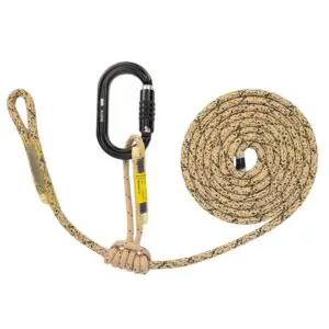 **Image of an Ape Canyon Outfitters 8mm Oplux Tether System with 3 Stage Quick Lock Carabiner, including a tan and black speckled rope coiled neatly, a black carabiner, and a looped end with a secure hitch knot. The carabiner is attached to the rope near the looped end, and there is a yellow label on the rope.**