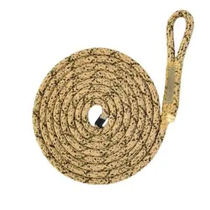 A coiled beige and black patterned Ape Canyon Outfitters 8mm Oplux Lineman Belt with a looped handle at one end, positioned against a white background.