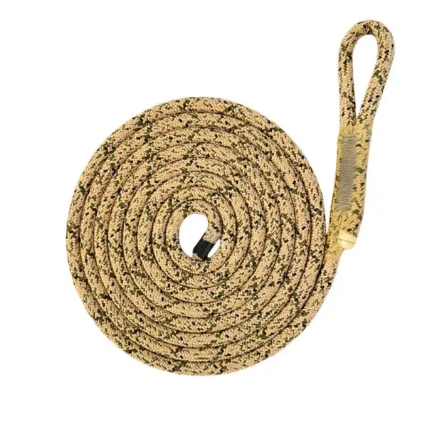 A coiled beige and black patterned Ape Canyon Outfitters 8mm Oplux Lineman Belt with a looped handle at one end, positioned against a white background.