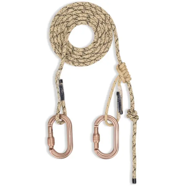 A coiled beige and black speckled Ape Canyon Outfitters 8mm Resc Tech Lineman Belt with Screw Lock Carabiners, with two copper-colored screw lock carabiners attached to each end. One carabiner is secured with a knot close to the loop, while the other hangs from a shorter length of rope.