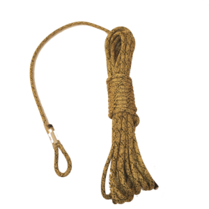 A coiled Ape Canyon Outfitters 8mm Oplux Tactical Rope 40' w/Squatch Splice with a looped end and a carabiner attached. The rope is neatly wrapped and partially uncoiled, showing its length. The carabiner provides a secure attachment point for various uses such as climbing or securing items.