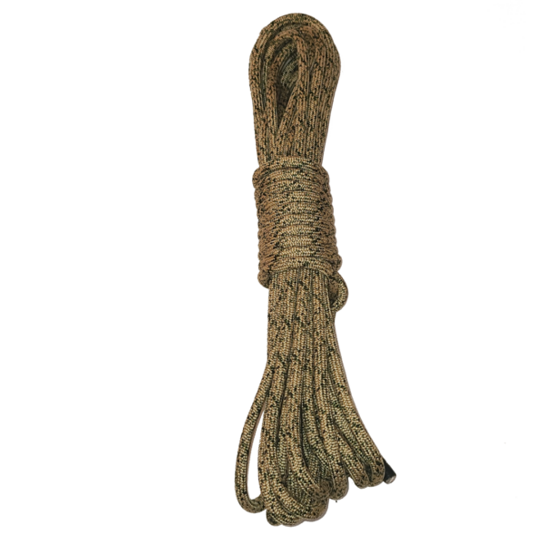 A neatly coiled length of Ape Canyon Outfitters 8mm Oplux Tactical Rope 40' w/Squatch Splice, primarily shades of green and brown, with the ends tucked under the wrapped portion in the middle. The rope appears to be made of a durable, woven material suitable for outdoor activities or survival purposes.