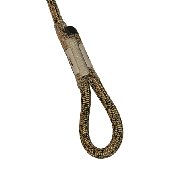 A close-up image of a looped end of an Ape Canyon Outfitters 8mm Oplux Tactical Rope 40' w/Squatch Splice. The loop is secured with a stitched and wrapped section of material, which appears to reinforce its strength. A small, rectangular label is attached to the wrapped area, possibly providing specifications.