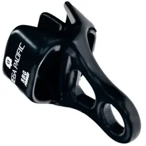 A black plastic clip with a curved handle and multiple openings, labeled with "MEGA PACIFIC" and "SGC POWER." The clip's design suggests it could be used for securing or attaching items.