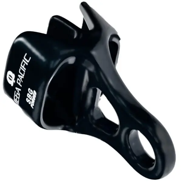 A black plastic clip with a curved handle and multiple openings, labeled with "MEGA PACIFIC" and "SGC POWER." The clip's design suggests it could be used for securing or attaching items.