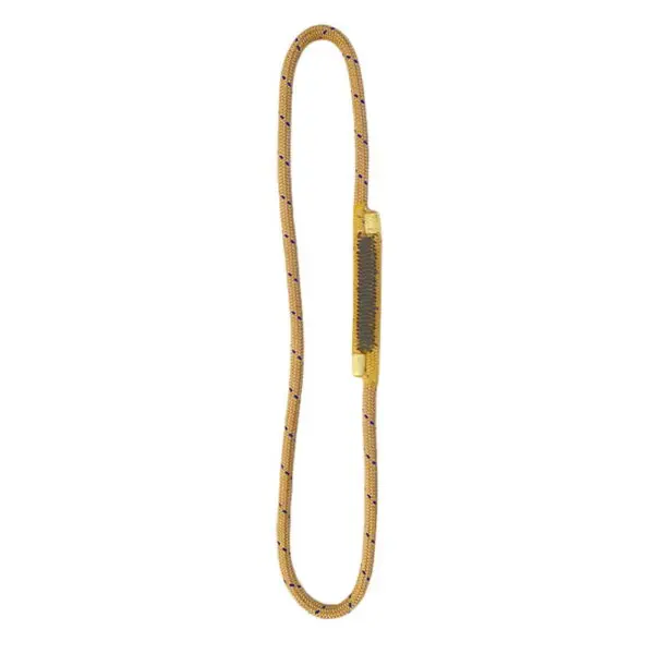 Image of an oval-shaped, yellow and black Ape Canyon Outfitters 8mm Oplux Tether System with 3 Stage Quick Lock Carabiner. The cord has a woven pattern with plastic hooks on each end, connected by a central black and yellow plastic section. The design suggests possible use for securing or bundling items.