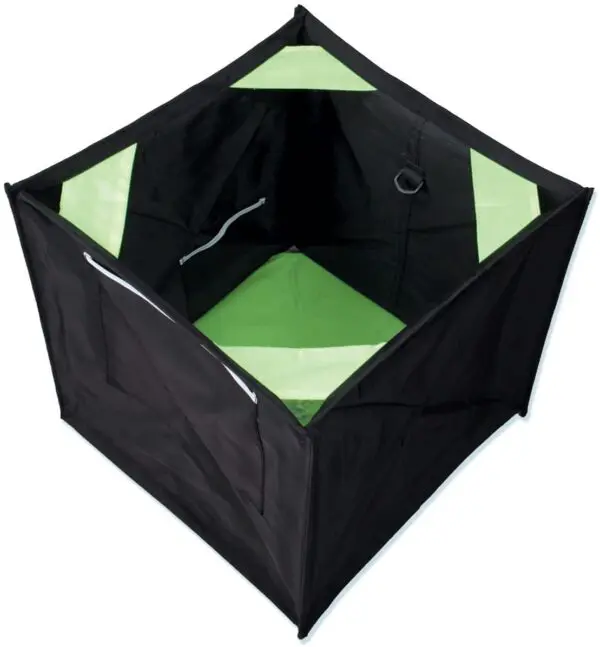 A black and green modern RNA COLLAPSIBLE THROWLINE CUBE with a hexagonal design laid flat on a white background.