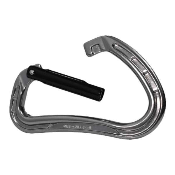 A silver, D-shaped carabiner with a black gate is shown against a white background. The carabiner has markings on its spine indicating "MBS 28 18 9" which is likely related to its strength ratings. This carabiner is an Omega Pacific Phantom Aluminum Keylock Straightgate Gunmetal.