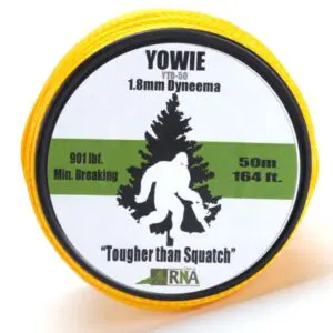 A yellow spool of RNA YOWIE 1.8MM DYNEEMA THROWLINE with a label. The label features a silhouette of a Sasquatch, a green and white background, and text including: "901 lbf. Min. Breaking," "50m / 164 ft.," and the slogan "Tougher than Squatch.